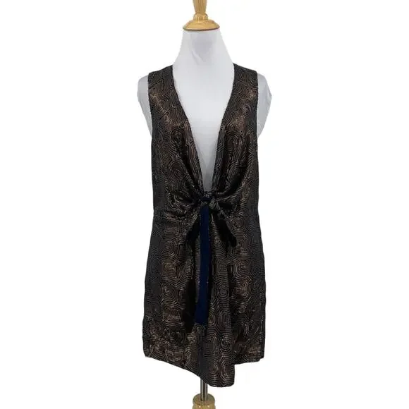 Free People Dress Women 6 Navy Gold Sequins Paris Rock Sleeveless Tie Front Mini - Picture 1 of 12